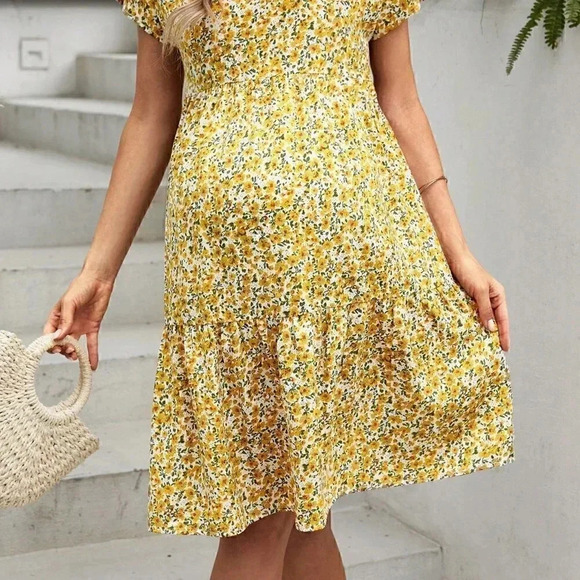 Yerllow Boho Womens Floral Print Ruffle Hem Dress - Picture 5 of 5